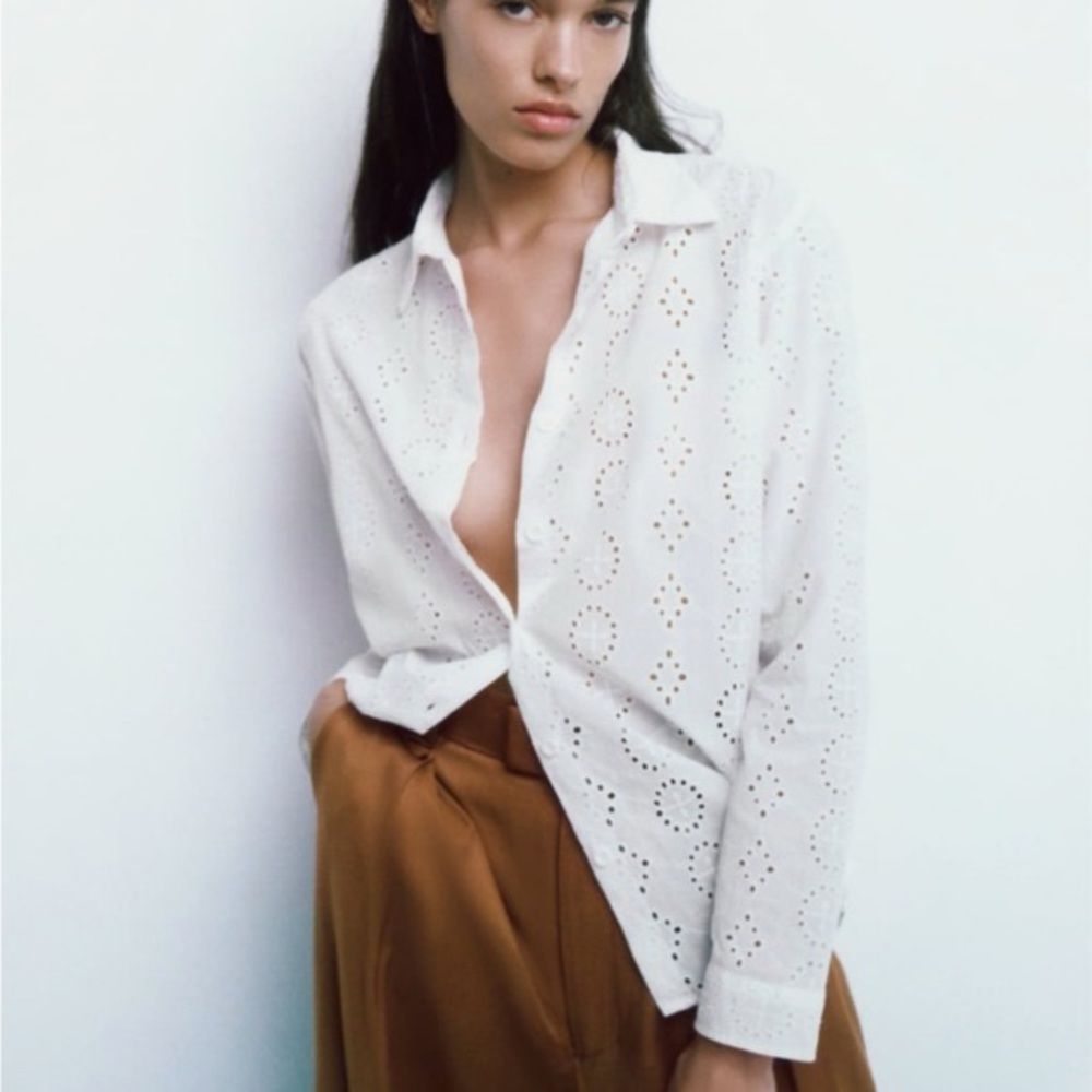 Zara Embroidered Eyelet Blouse White Size XXL 5216/044
